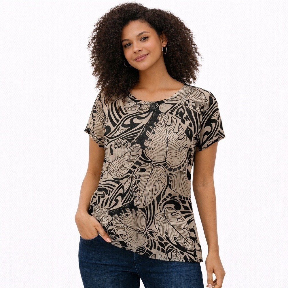 The Limited Women Blouse Vintage Sheer Leaf Print Short Sleeve Beige Black Large